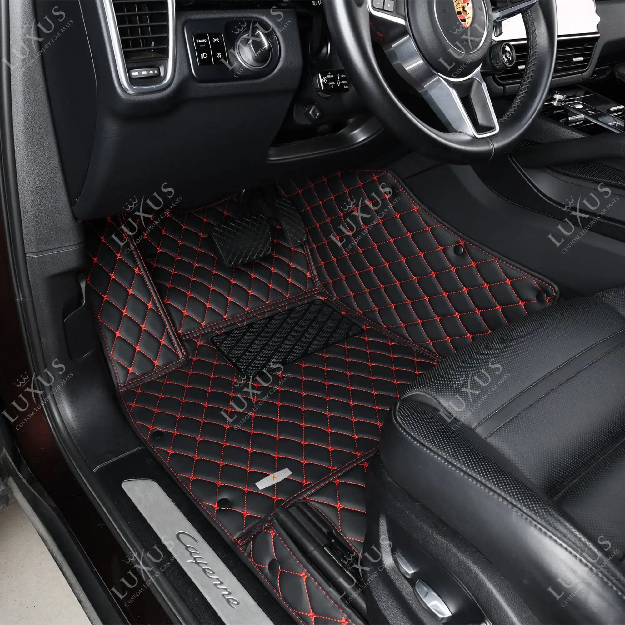 Luxus Car Mats™ - Juego de alfombrillas de lujo con costuras negras y rojas