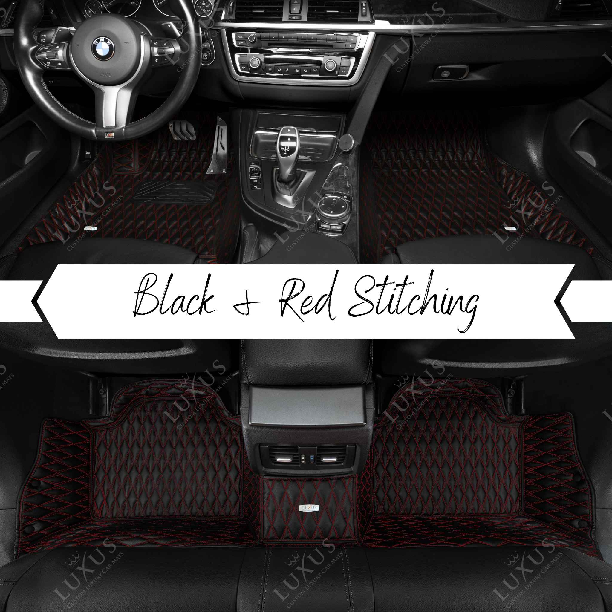 Twin-Diamond Black & Red Stitching Luxury Car Mats Set