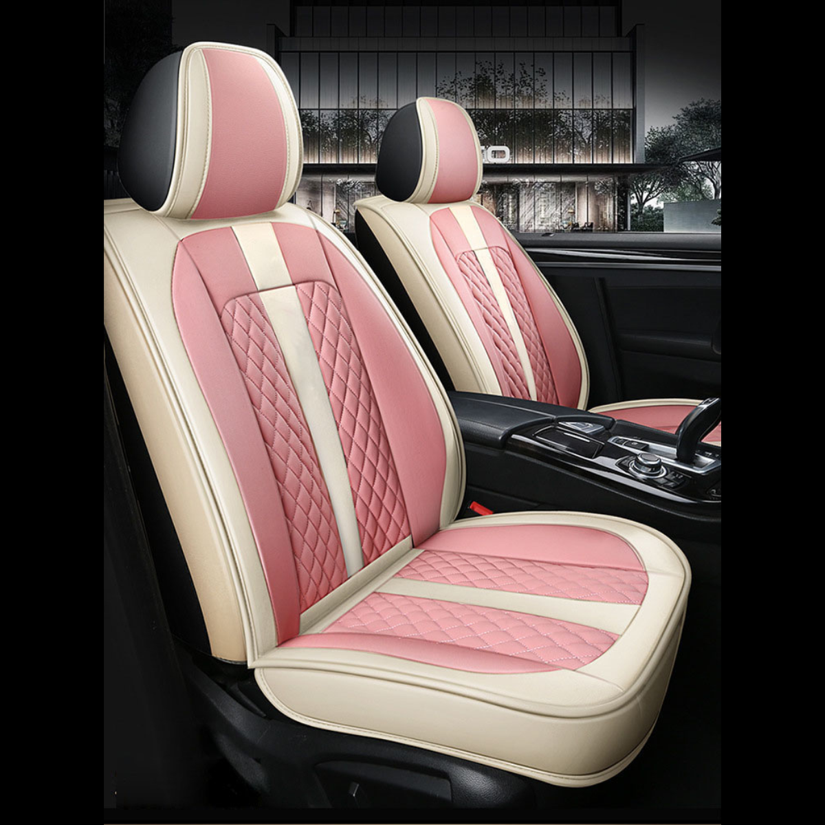 Beige & Pink Eco-Leather Universal Diamond Stitching Luxury Seat Covers