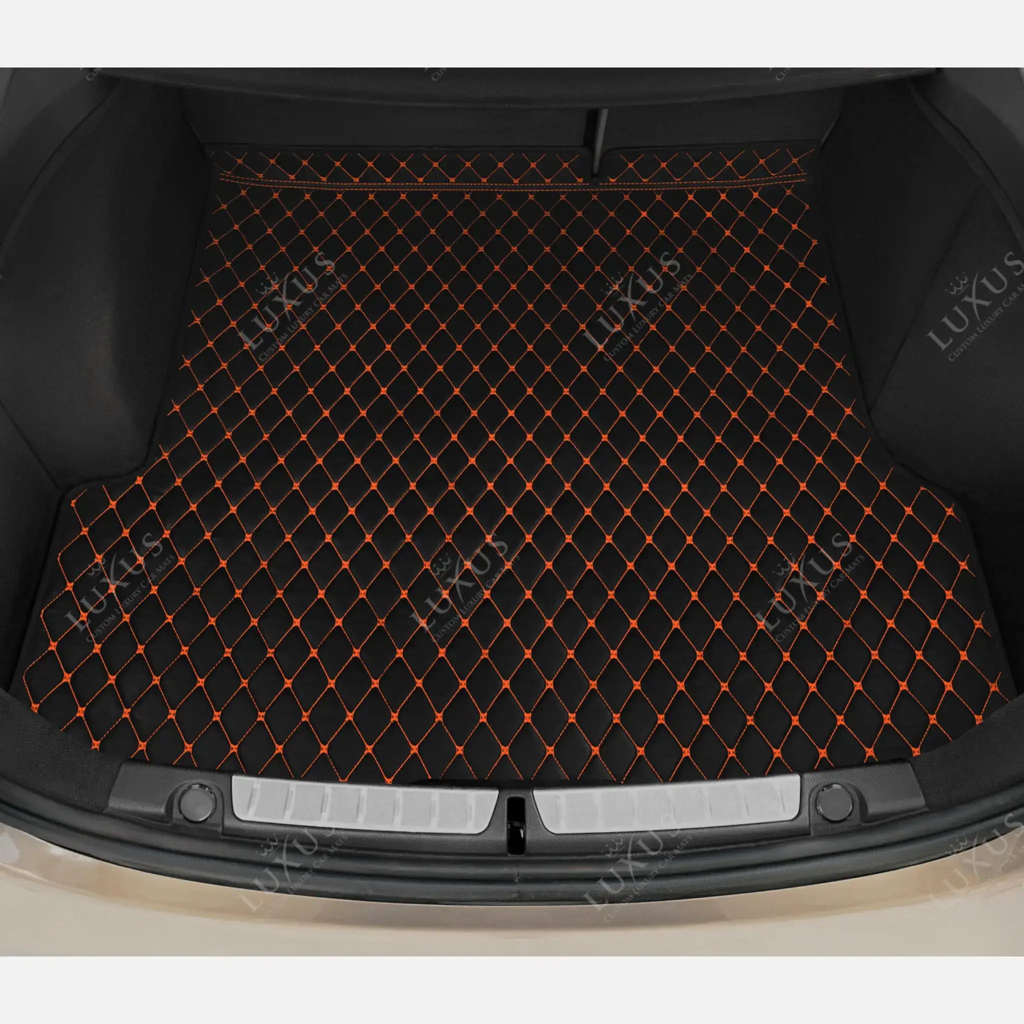 Luxus Car Mats™ - Tapete para maletero/maletero de cuero de lujo con costuras en negro y naranja