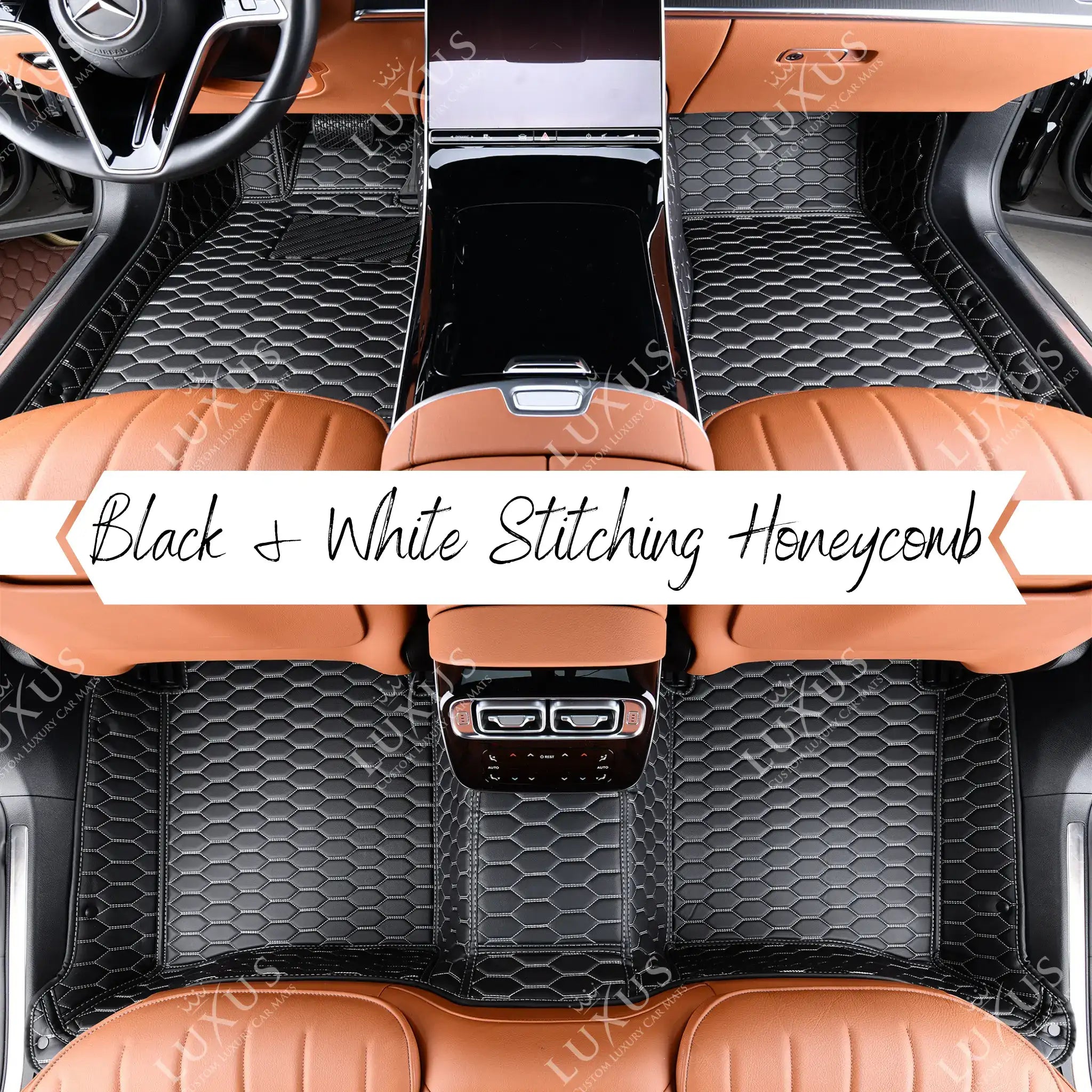 NEW Black & White Stitching Honeycomb Luxury Car Mats Set