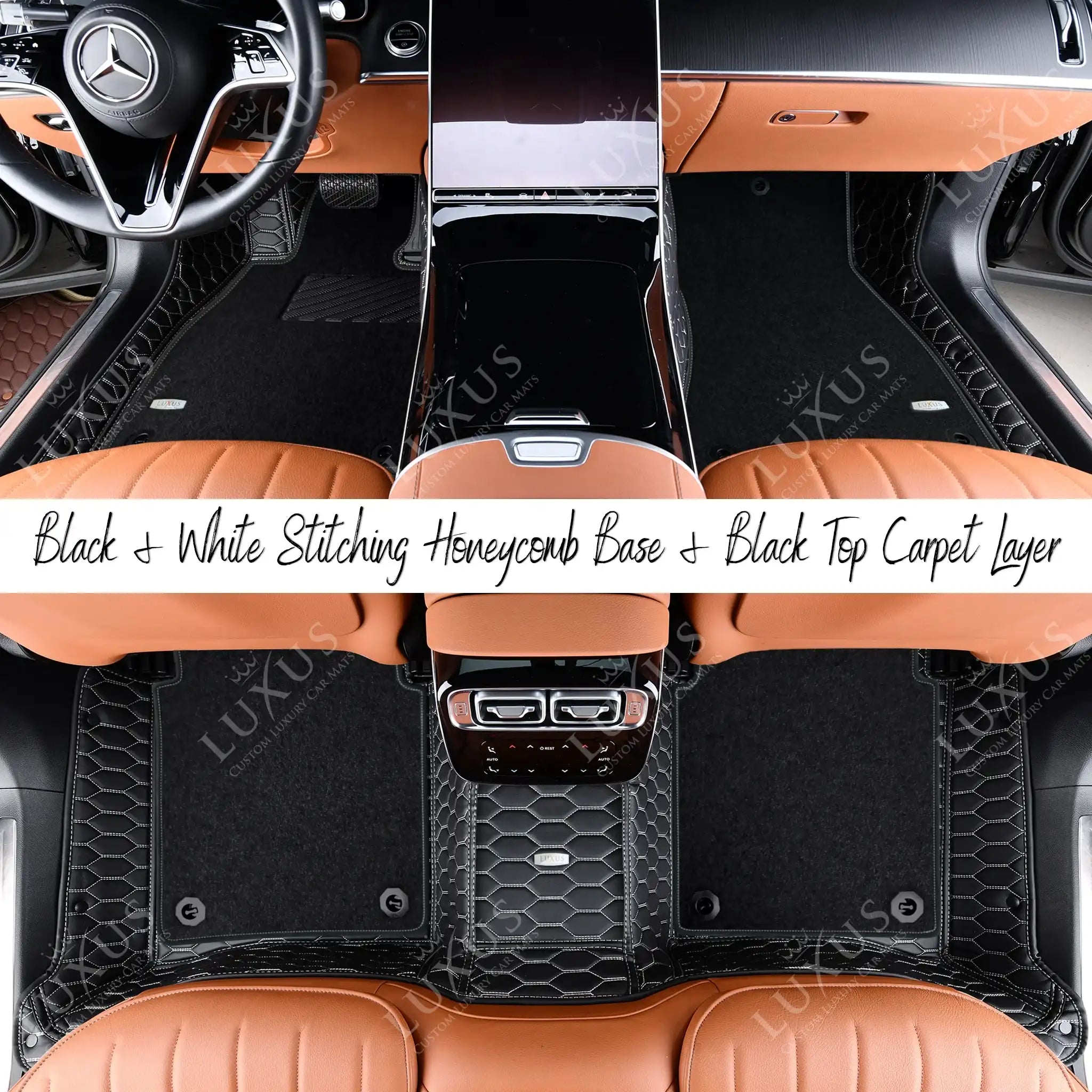 Black & White Stitching Honeycomb Base & Black Top Carpet Double Layer Luxury Car Mats Set
