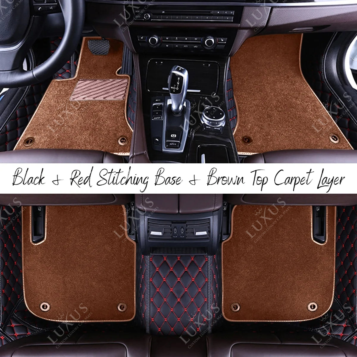 Black & Red Stitching Diamond Base & Brown Top Carpet Double Layer Luxury Car Mats Set