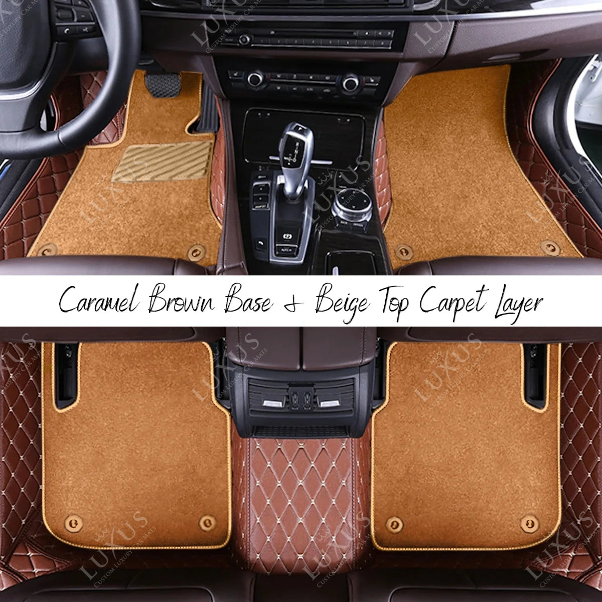 Caramel Brown Diamond Base & Beige Top Carpet Double Layer Luxury Car Mats Set