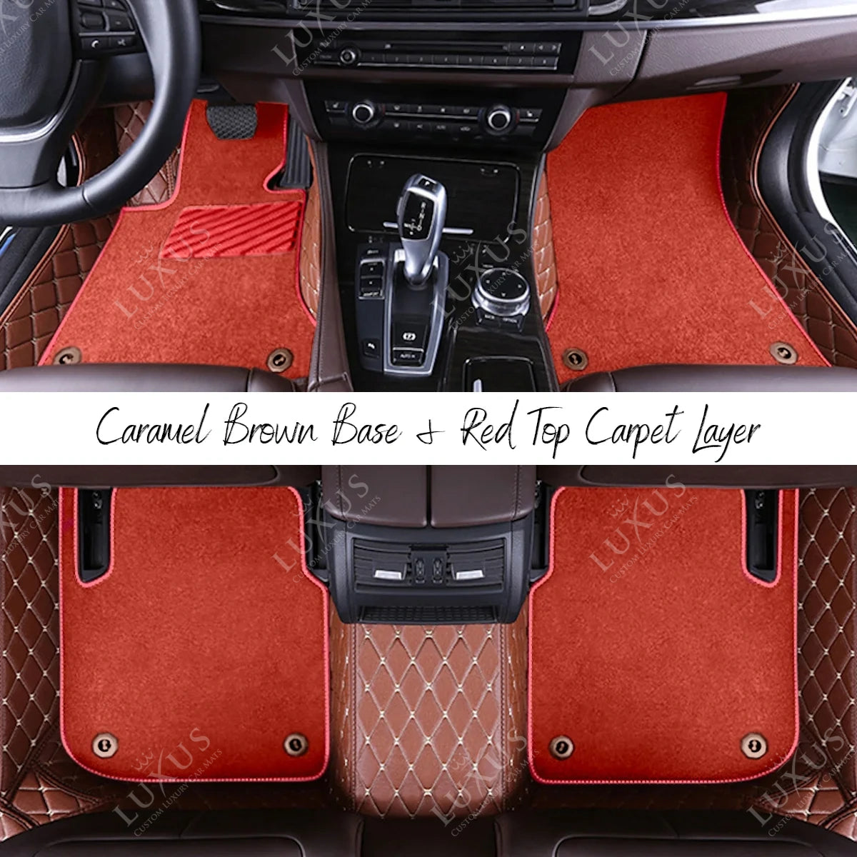 Caramel Brown Diamond Base & Red Top Carpet Double Layer Luxury Car Mats Set