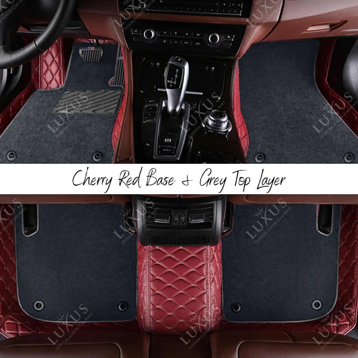 Cherry Red Diamond Base & Grey Top Carpet Double Layer Luxury Car Mats Set