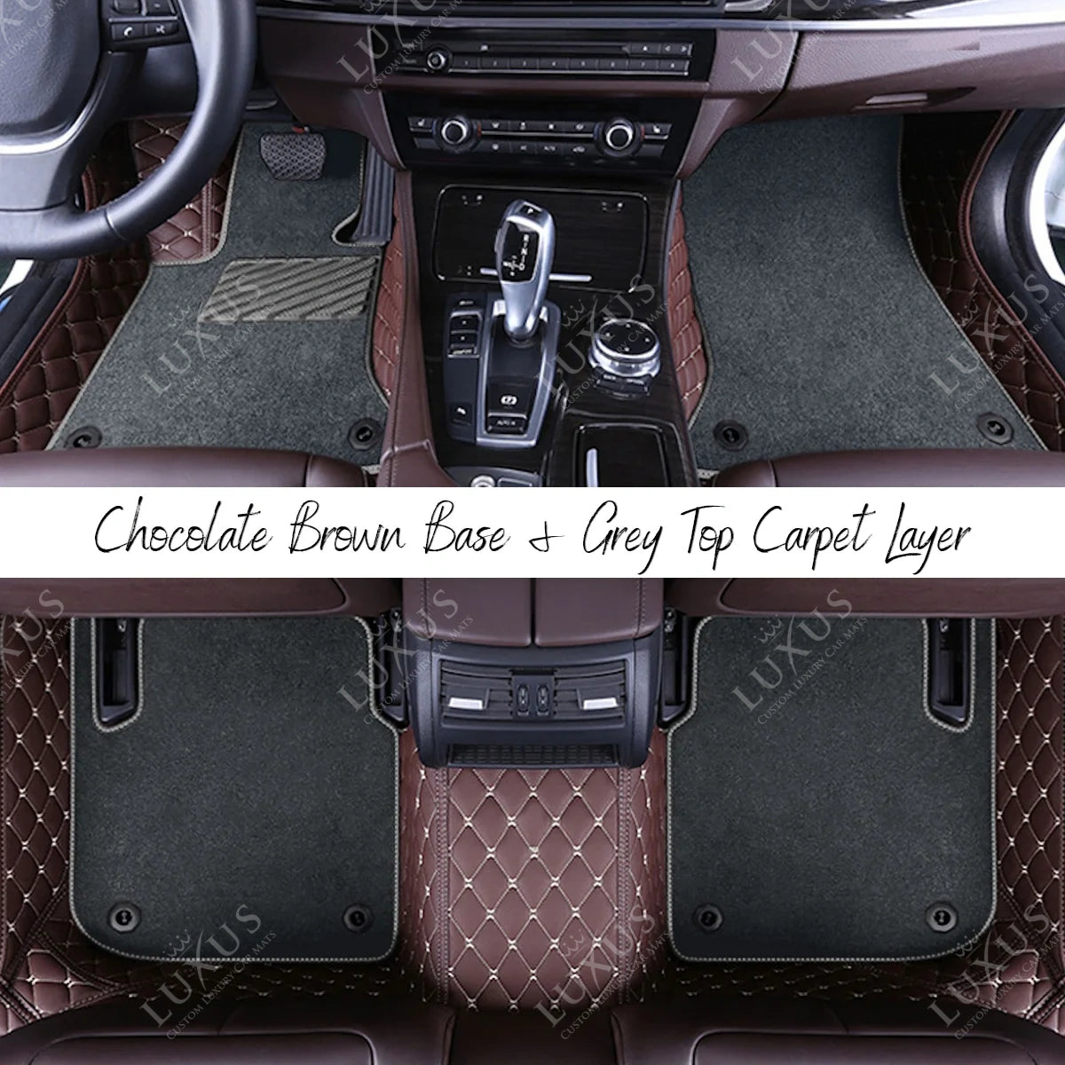 Chocolate Brown Diamond Base & Grey Top Carpet Double Layer Luxury Car Mats Set