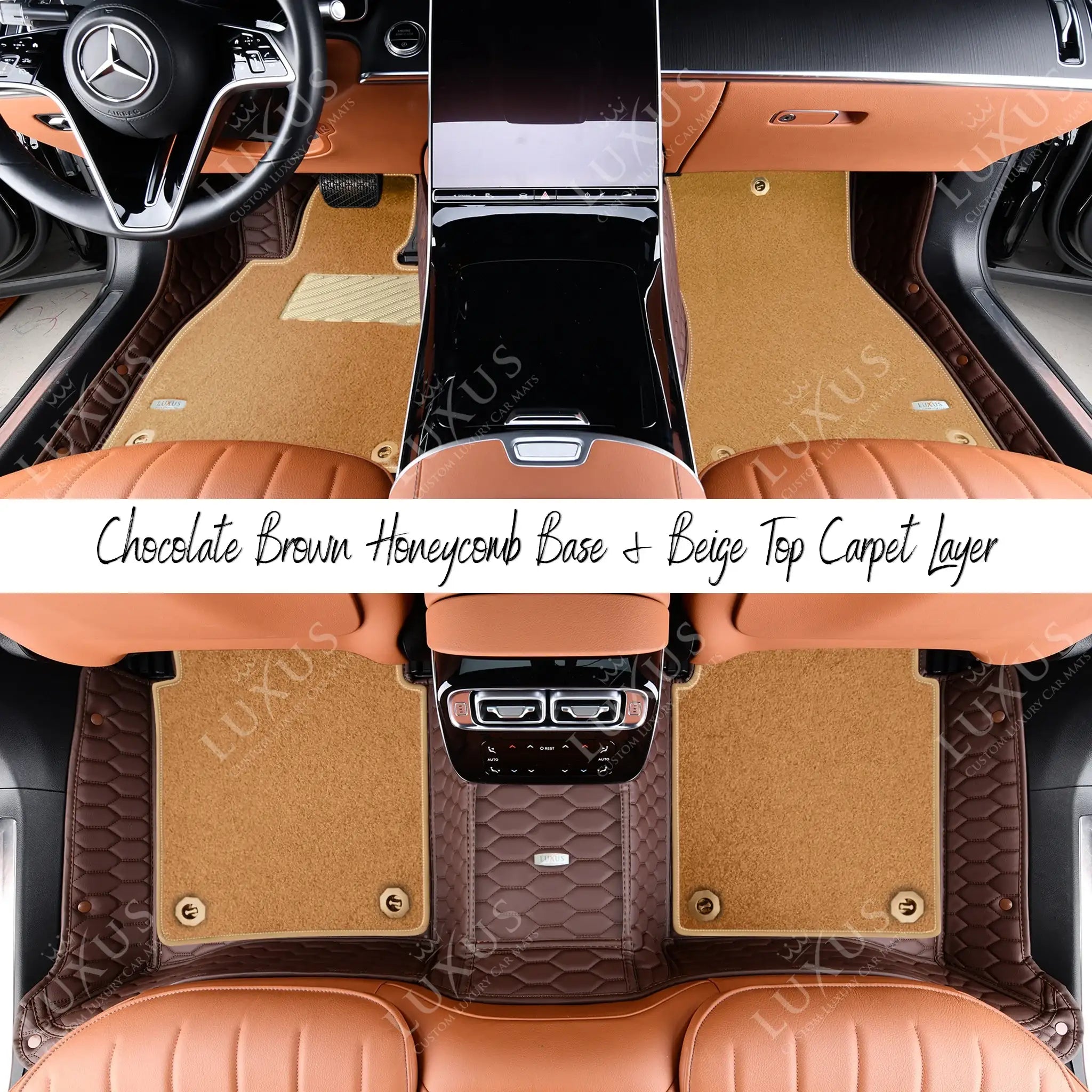 Chocolate Brown Honeycomb Base & Beige Top Carpet Double Layer Luxury Car Mats Set