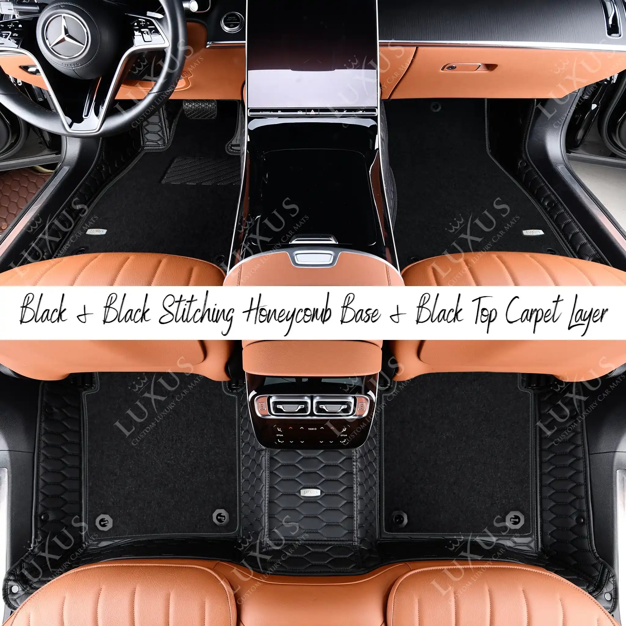 Black & Black Stitching Honeycomb Base & Black Top Carpet Double Layer Luxury Car Mats Set