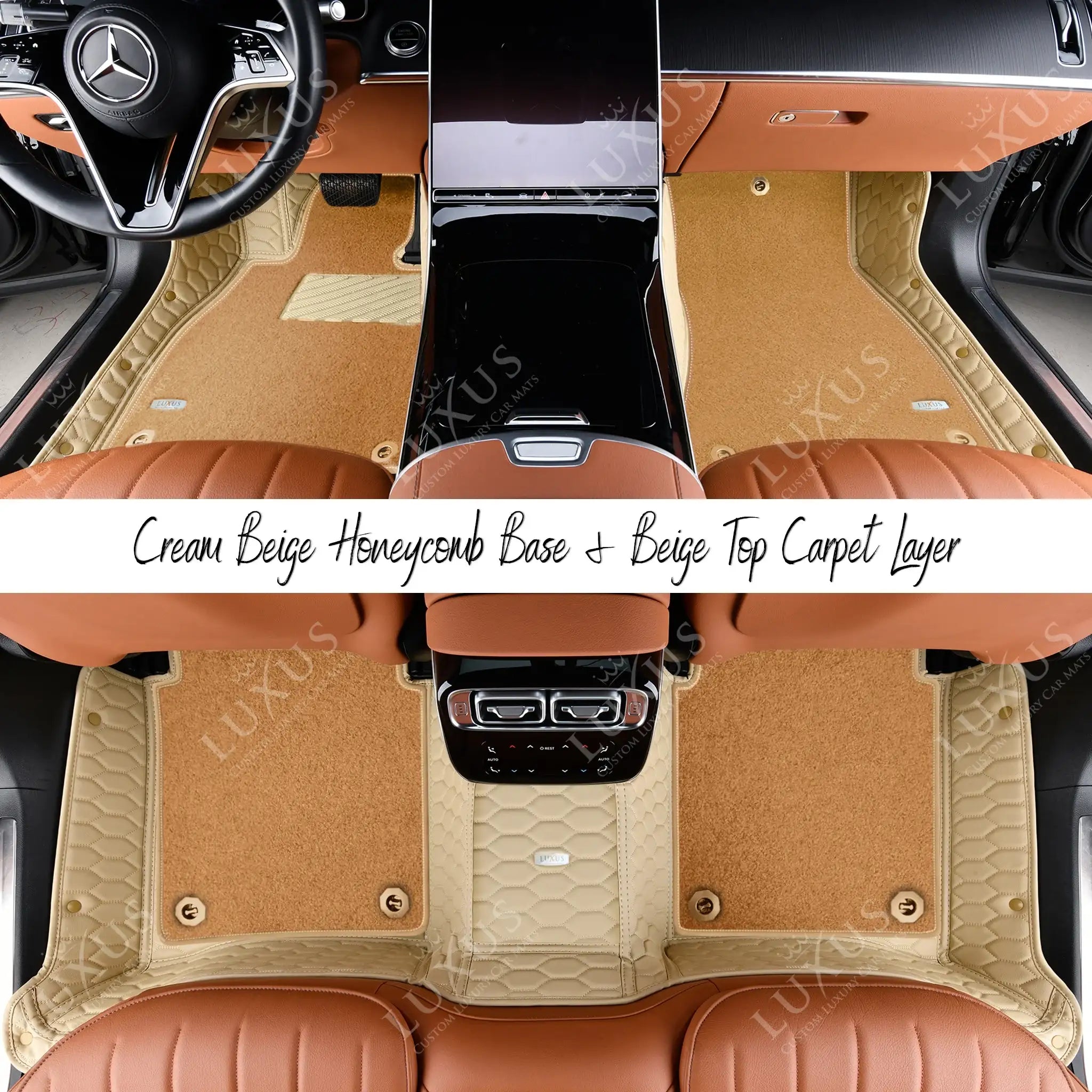 Cream Beige Honeycomb Base & Beige Top Carpet Double Layer Luxury Car Mats Set