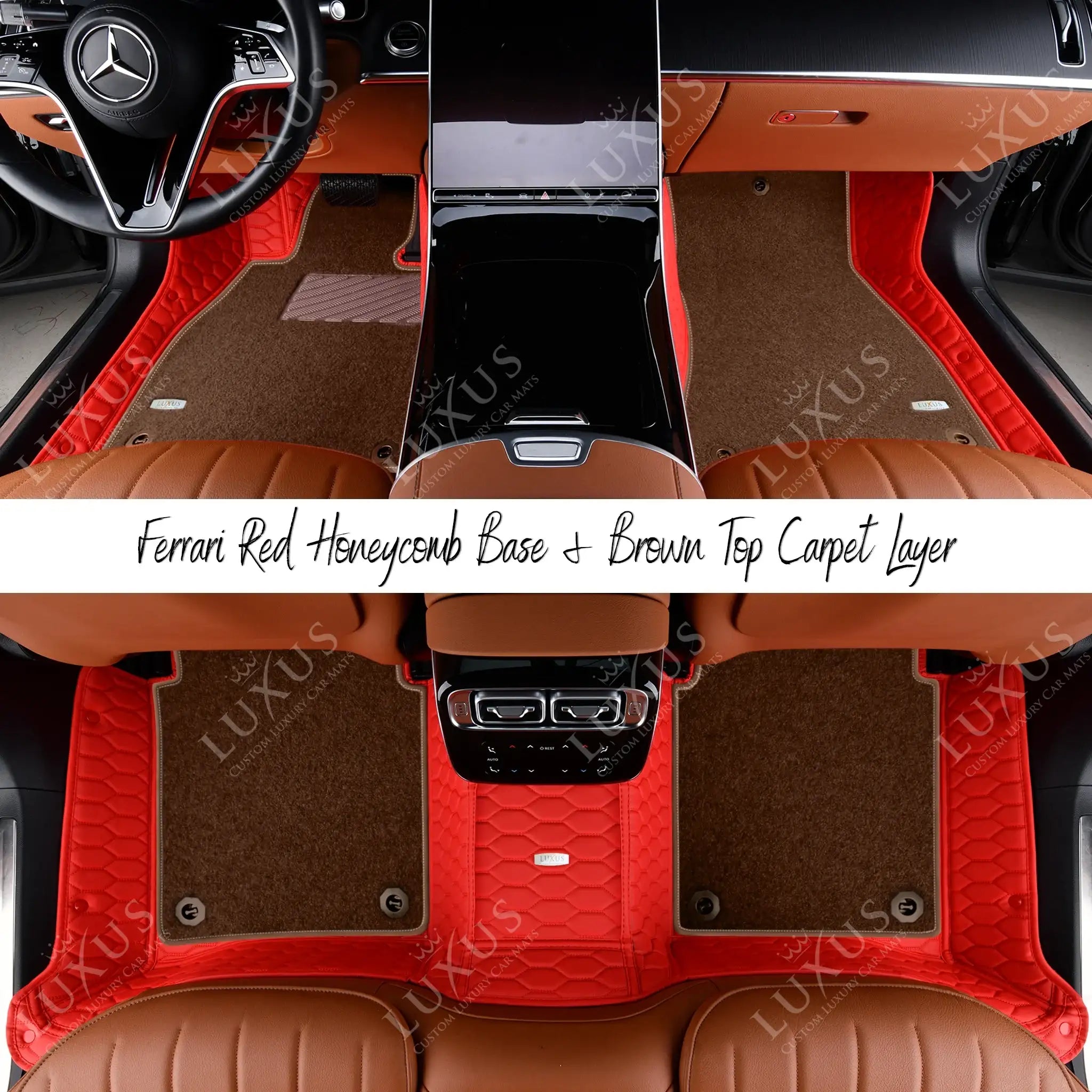 Ferrari Red Honeycomb Base & Brown Top Carpet Double Layer Luxury Car Mats Set