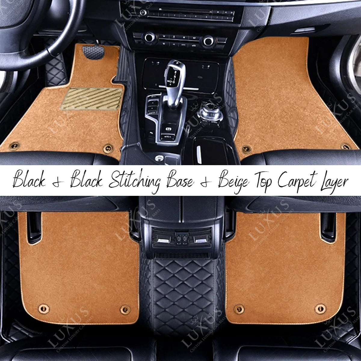 Black & Black Stitching Diamond Base & Beige Top Carpet Double Layer Luxury Car Mats Set