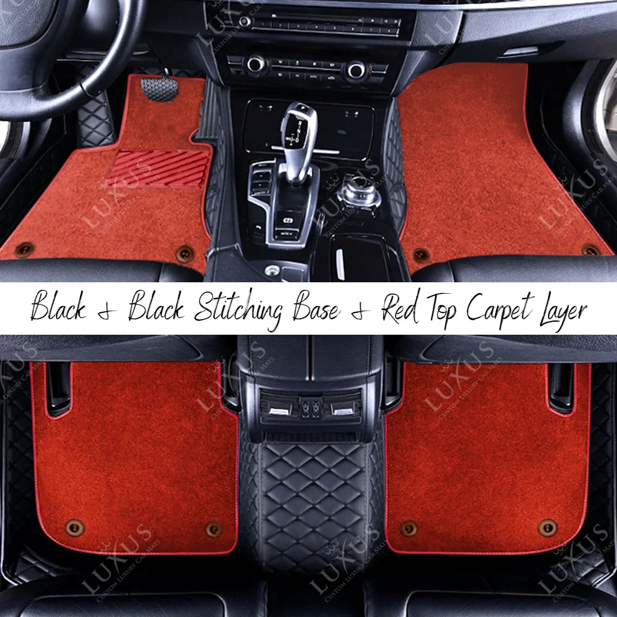 Black & Black Stitching Diamond Base & Red Top Carpet Double Layer Luxury Car Mats Set