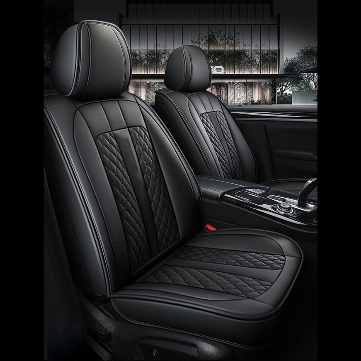 Black Eco-Leather Universal Diamond Stitching Luxury Seat Covers