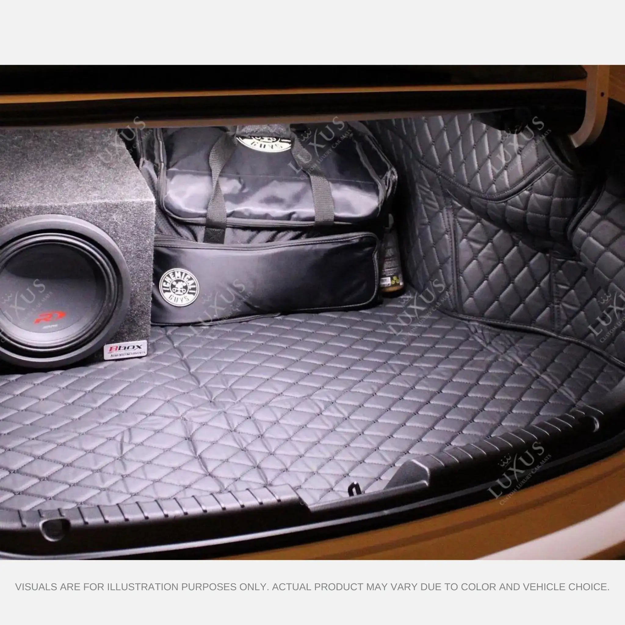 Luxus Car Mats™ - Tapete para maletero/maletero de cuero de lujo en 3D con costuras negras y moradas