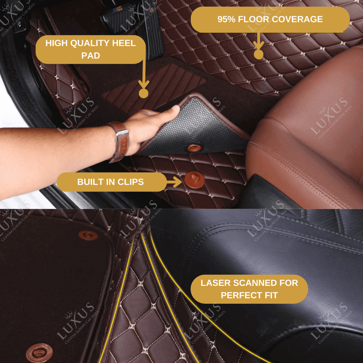 Chocolate Brown Honeycomb Base & Red Top Carpet Double Layer Luxury Car Mats Set